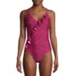 Juicy Couture Women's Pink Leopard Print Ruffle One Piece Swimsuit - Large
